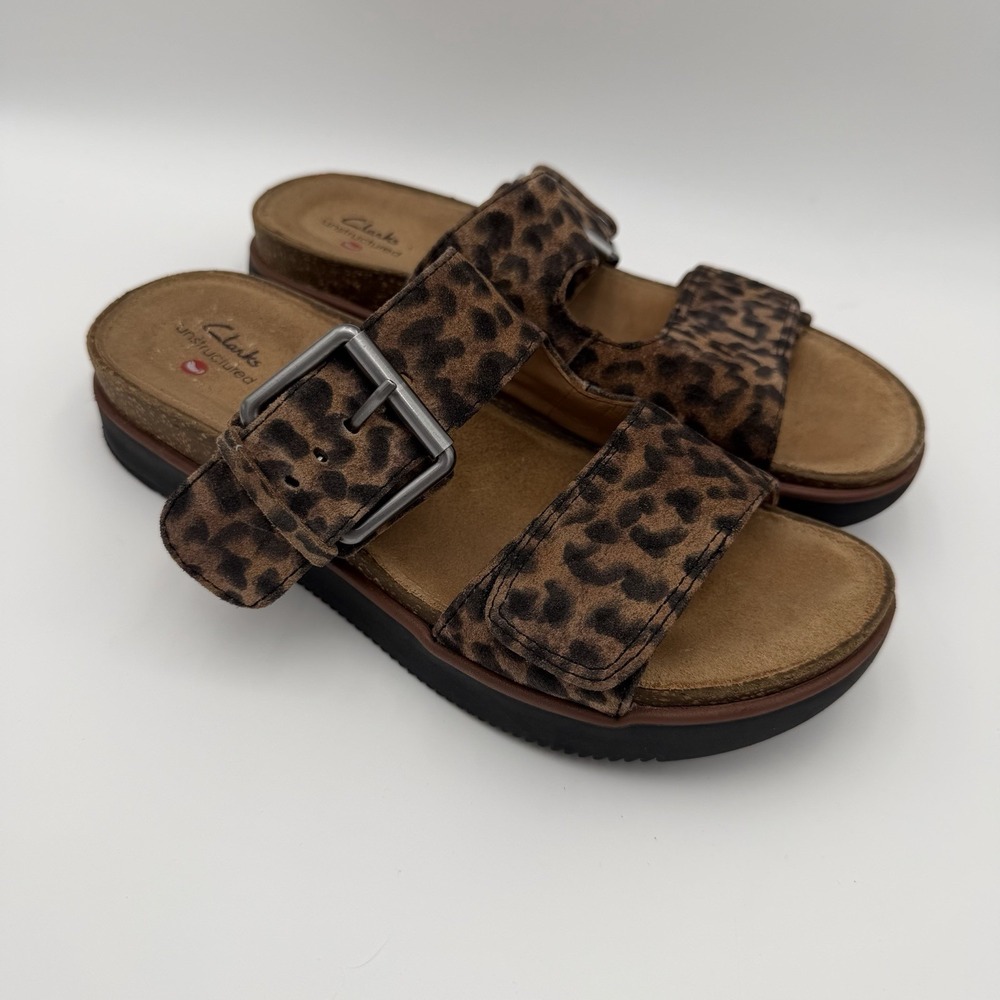 Clarks Unstructured Elayne Ease leopard suede slide sandals women's 7.5
